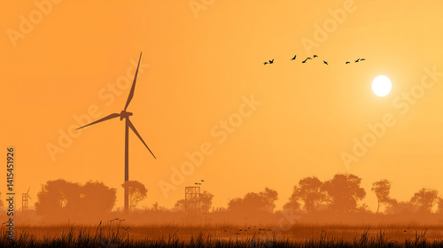 Obraz na płótnie Renewable Energy at Sunset: Wind Turbine Silhouettes and Flock of Birds in a Tranquil Rural Landscape with Warm Orange Sky – Eco-Friendly Power Generation and Sustainable Development w salonie