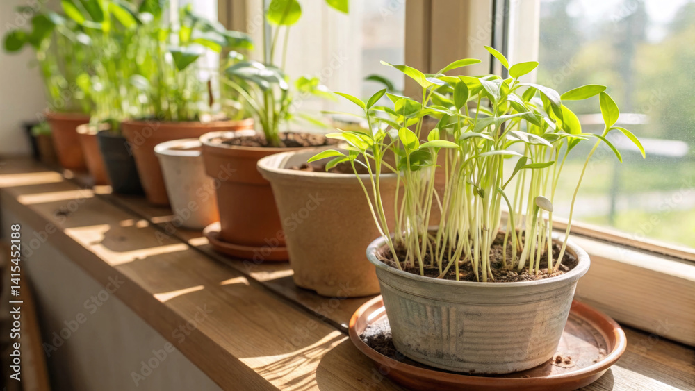 A variety of seedlings thrive in pots on a wooden windowsill. Bright sunlight pours in, illuminating the lush green leaves, creating a vibrant indoor gardening environment