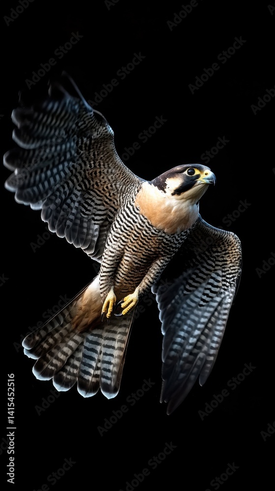 Obraz premium A peregrine falcon in full flight showcases impressive wingspan and fierce gaze on black.