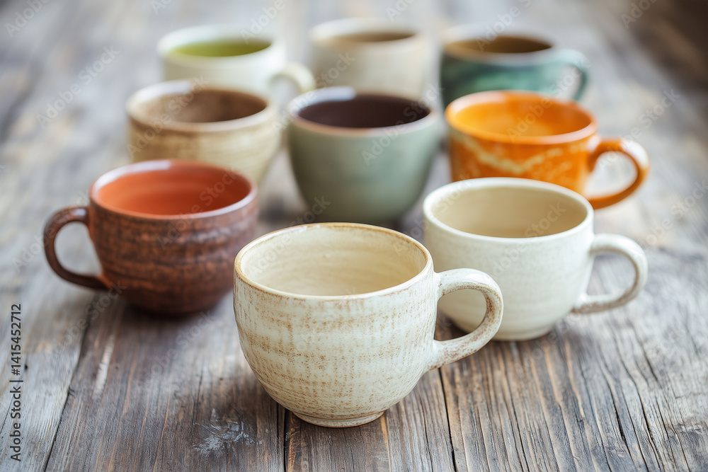 Handcrafted ceramic mugs arranged on wooden table surface Handcrafted ceramic mugs arranged on wooden table surface
