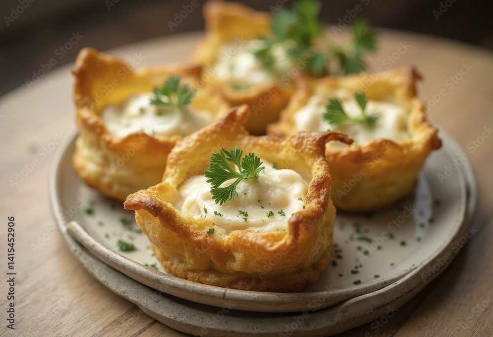 Creamy Chicken Vol au Vent in Golden Pastry with Fresh Garnish Creamy Chicken Vol au Vent in Golden Pastry with Fresh Garnish
