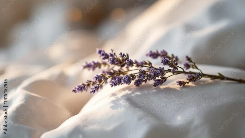 Lavender branch on a white pillow.
