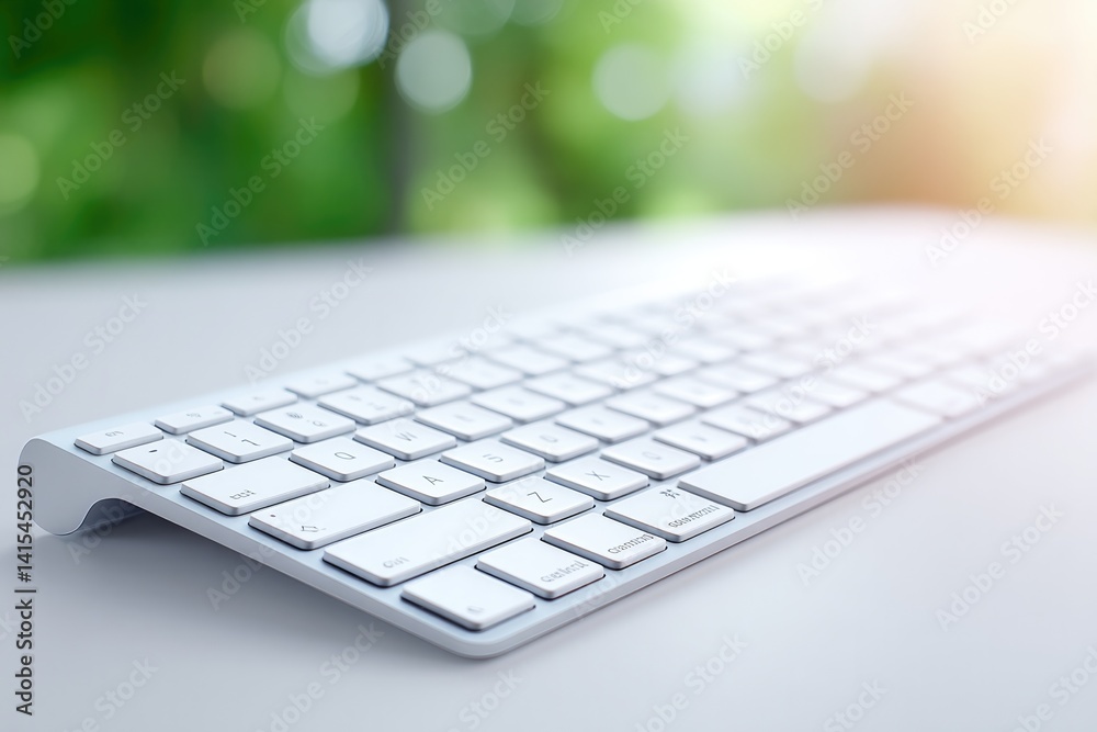 sleek computer keyboard rests on pristine white desk sleek computer keyboard rests on pristine white desk