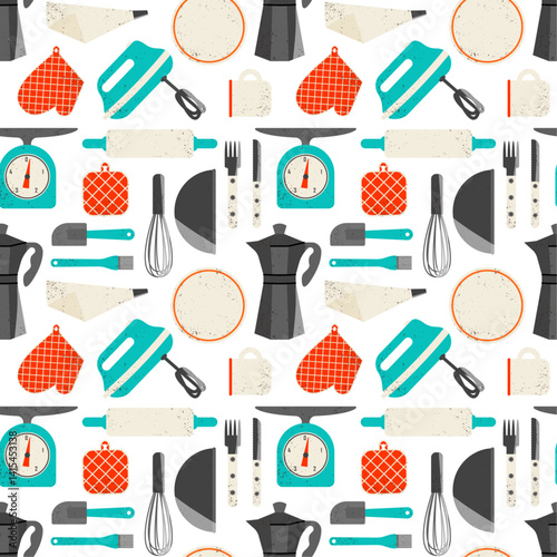 Seamless pattern on the theme of cooking and kitchen utensils on white background.
