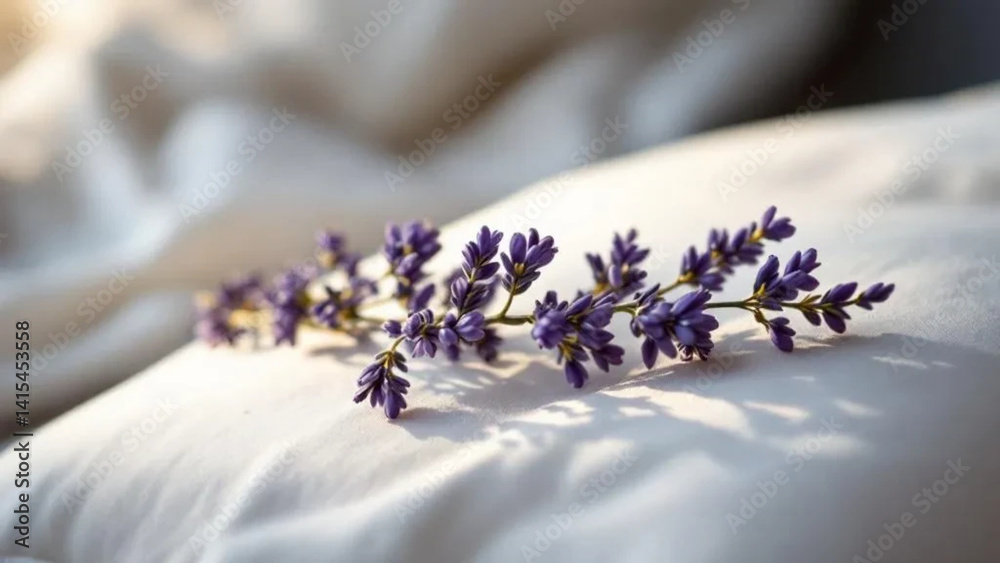 Lavender branch on a white pillow.