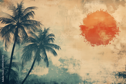 Tropical sunset with palm trees and a vibrant sun in the sky, vintage style art