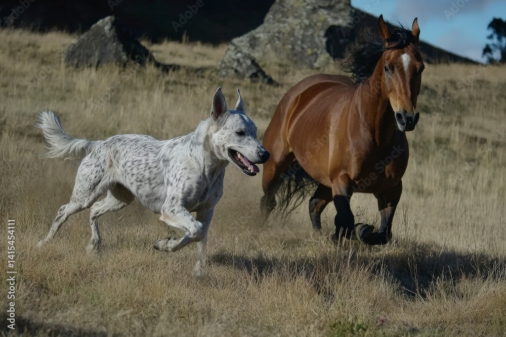 Dog and Horse Running Together in Open Field on Farm Dog and Horse Running Together in Open Field on Farm