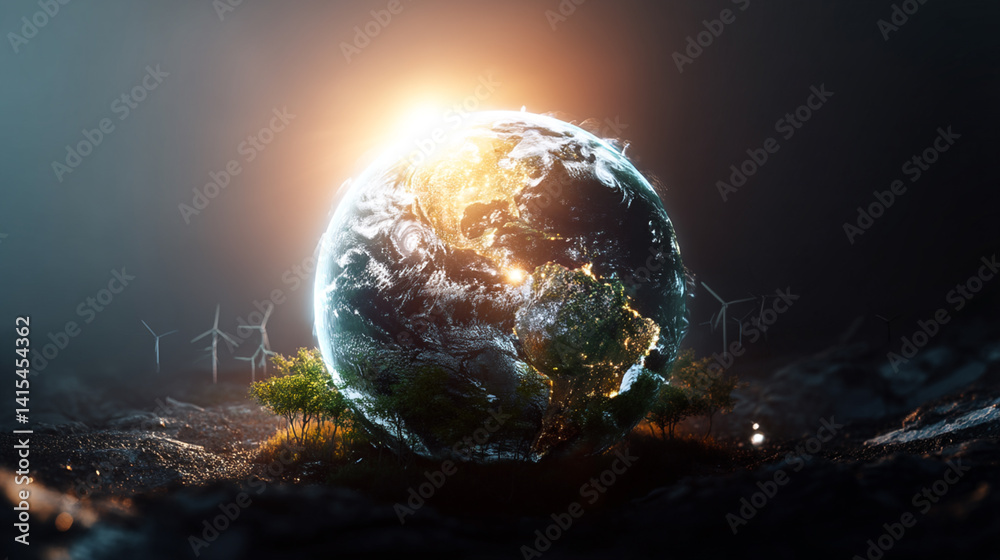 Futuristic Earth: Renewable Energy & Sustainability in Global Landscapes with Wind Turbines and Vibrant Greenery