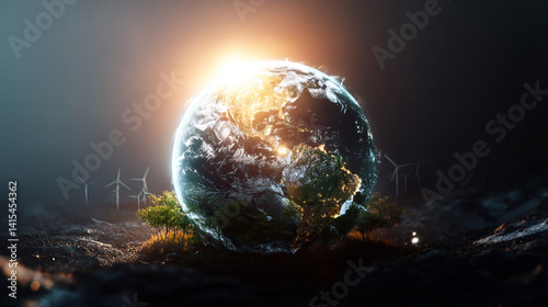 Obraz na płótnie Futuristic Earth: Renewable Energy & Sustainability in Global Landscapes with Wind Turbines and Vibrant Greenery w salonie