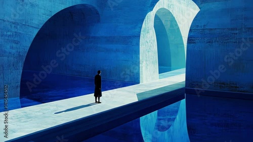 A solitary figure stands amidst blue arches and reflecting water.