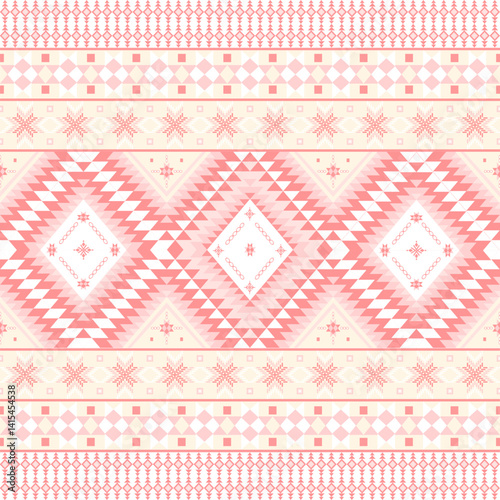 Coral ethnic kilim motifs with diamond medallions and star borders. Traditional folk pattern blends geometric precision with artisanal charm for global-inspired decor.​​​​​​​​​​​​​​​​