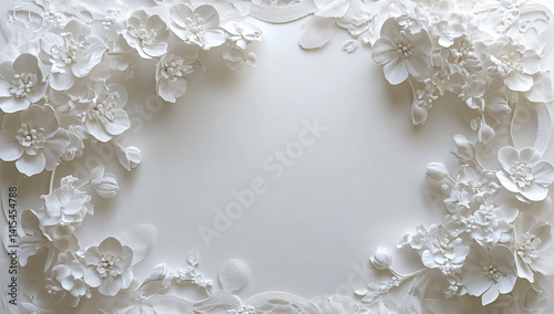 Elegant white floral arrangement.  A minimalist design featuring paper-like flowers creating a delicate, romantic border.