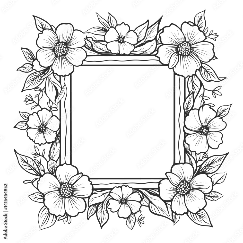 Line art illustration of a rectangular frame adorned with decorative flowers, leaves, and botanical elements. Represents a natural border, elegant design, and printable template. Line art illustration of a rectangular frame adorned with decorative flowers, leaves, and botanical elements. Represents a natural border, elegant design, and printable template.