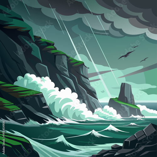 A painting of a stormy ocean with a rocky shoreline. The sky is dark and cloudy, and the waves are crashing against the rocks. The mood of the painting is intense and dramatic, with the stormy weather