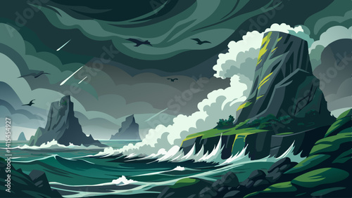 A painting of a stormy ocean with a rocky shoreline. The sky is dark and cloudy, and the waves are crashing against the rocks. The mood of the painting is intense and dramatic, with the stormy weather