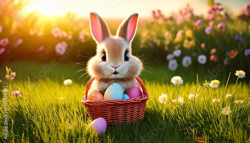 Generated image adorable 3D Easter bunny nestled in a basket of colorful eggs in a blooming garden