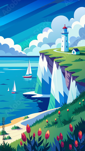 A sailboat is sailing in the ocean near a lighthouse. The sky is blue and the water is calm
