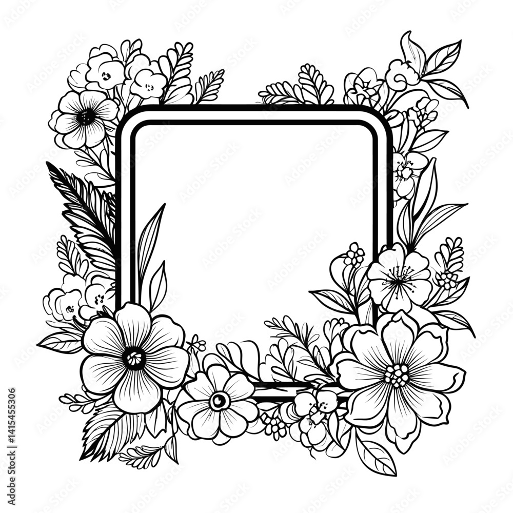 Line art illustration of a rectangular frame adorned with decorative flowers, leaves, and botanical elements. Represents a natural border, elegant design, and printable template. Line art illustration of a rectangular frame adorned with decorative flowers, leaves, and botanical elements. Represents a natural border, elegant design, and printable template.