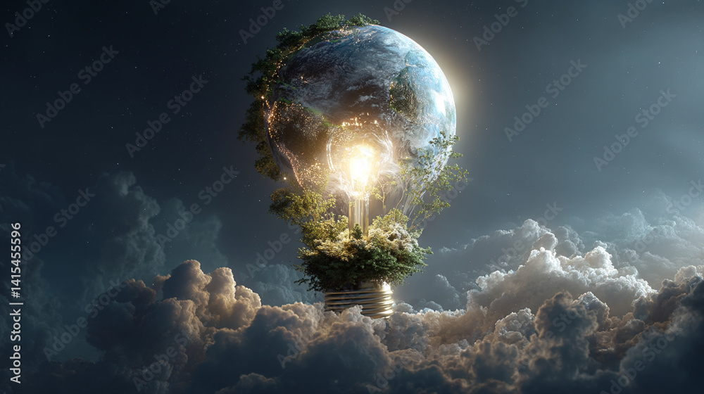 Illuminated Earth: Surreal Light Bulb Embracing Eco-Friendly Growth and Sustainability Concept Art