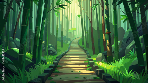 A path through a forest with a lot of trees. The path is made of rocks and there is a lot of sunlight