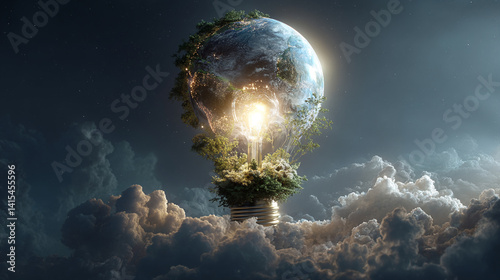 Obraz na płótnie Illuminated Earth: Surreal Light Bulb Embracing Eco-Friendly Growth and Sustainability Concept Art w salonie