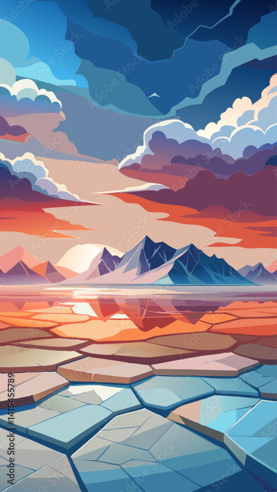 A painting of a desolate landscape with mountains in the background and a large body of water. The sky is cloudy and the sun is setting, creating a moody atmosphere