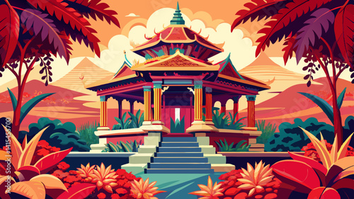 Fantastic Thai Ancient Style Pavilion with Shrubs of Red Coleus in Foreground