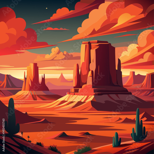 A painting of a desert with a mountain in the background. The sky is orange and the mountains are in the distance