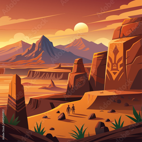 A man and woman are standing on a rocky desert landscape, looking out over the horizon. The sky is orange and the sun is setting, casting a warm glow over the scene