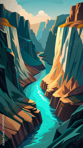 A mountain range with a river running through it. The river is blue and the mountains are brown