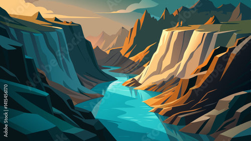 A mountain range with a river running through it. The river is blue and the mountains are brown