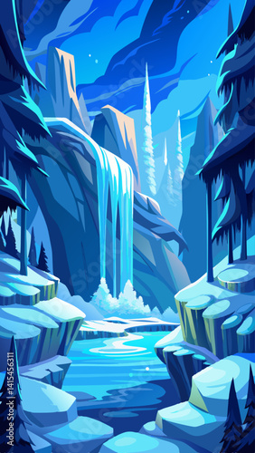 A beautiful snowy landscape with a waterfall and a river. The scene is serene and peaceful, with the water flowing down the rocks and the trees surrounding the area