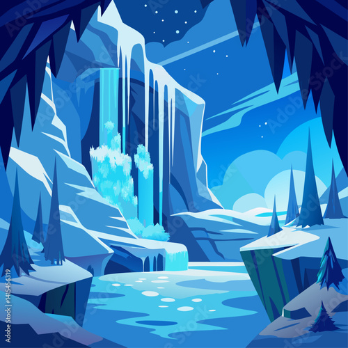 A beautiful snowy landscape with a waterfall and a river. The scene is serene and peaceful, with the water flowing down the rocks and the trees surrounding the area