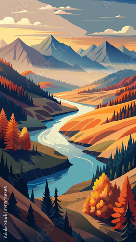 A mountain range with a river running through it. The mountains are covered in trees and the river is clear