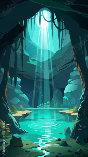 A cave with a stream of light shining through it. The light is coming from a hole in the ceiling. The cave is filled with trees and rocks