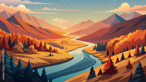 A mountain range with a river running through it. The mountains are covered in trees and the river is clear