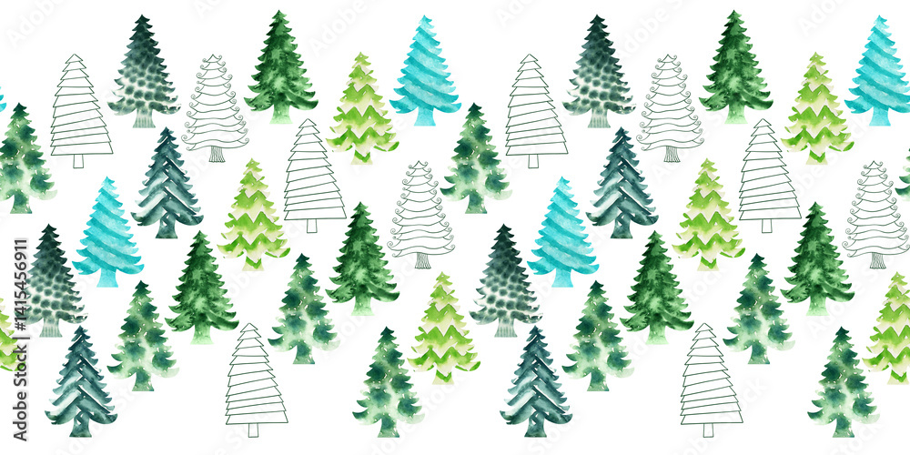 Watercolor seamless pattern with green stylized Christmas trees Watercolor seamless pattern with green stylized Christmas trees