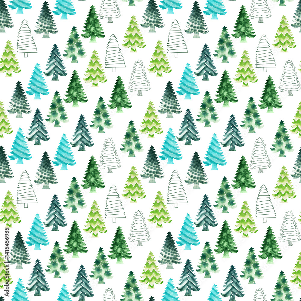 Obraz premium Watercolor seamless pattern with green stylized Christmas trees