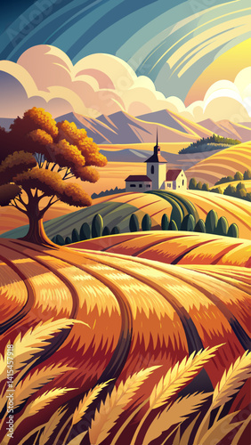 A beautiful landscape with a house and a tree. The house is white and the tree is tall. The sky is orange and the grass is yellow. The scene is peaceful and serene