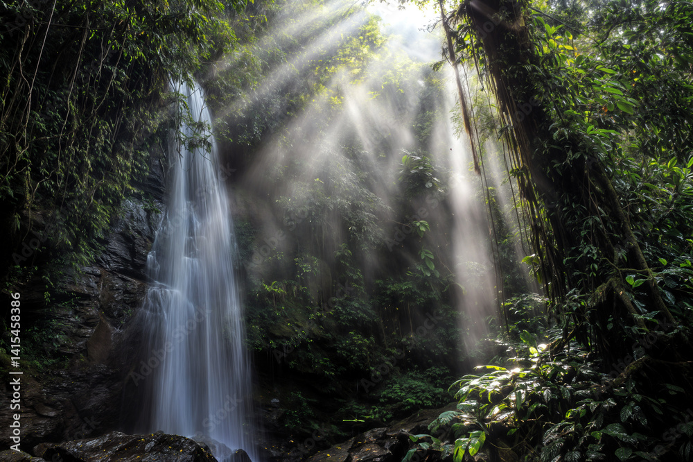 The image shows a lush, tropical jungle with a waterfall cascading down a rocky cliff