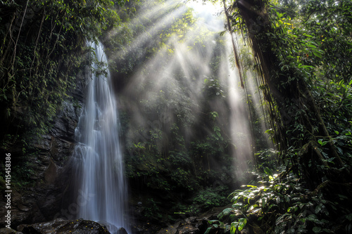 Obraz na płótnie The image shows a lush, tropical jungle with a waterfall cascading down a rocky cliff w salonie