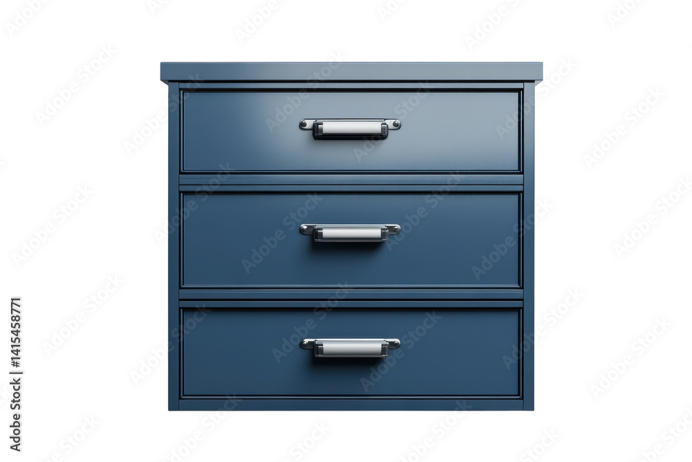 Sleek three drawer cabinet deep blue finish metallic handles isolated on black background Perfect for modern office or home on transparent background Sleek three drawer cabinet deep blue finish metallic handles isolated on black background Perfect for modern office or home on transparent background