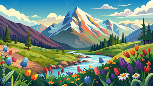 A beautiful mountain landscape with a river running through it. The flowers are in full bloom, and the sky is clear and blue. The scene is peaceful and serene, and it evokes a sense of calm