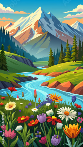 A beautiful mountain landscape with a river running through it. The flowers are in full bloom, and the sky is clear and blue. The scene is peaceful and serene, and it evokes a sense of calm