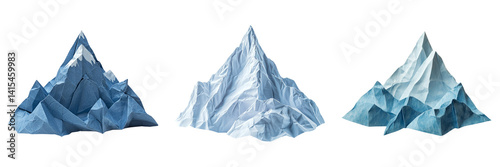 Low-poly blue mountain peaks with sharp geometry isolated on transparent PNG image perfect for minimalist nature themes
