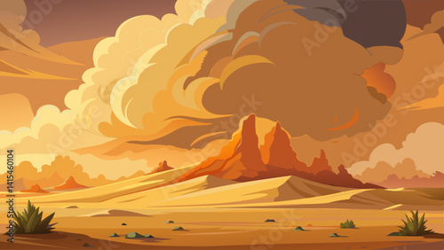 A desert scene with a large mountain in the background. The sky is cloudy and the sun is setting