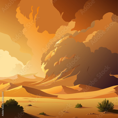 A desert scene with a large mountain in the background. The sky is cloudy and the sun is setting