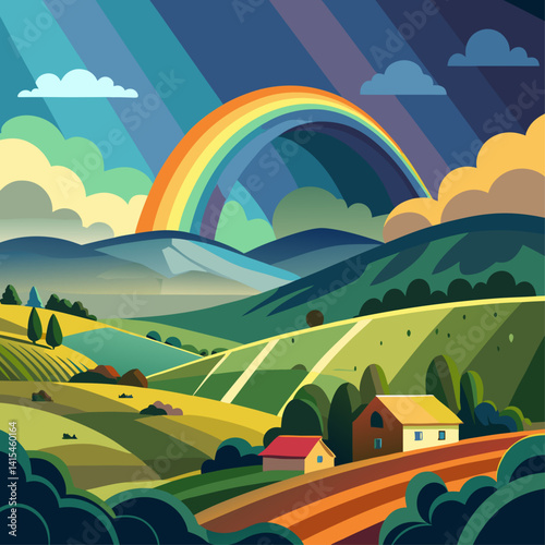 A rainbow is seen in the sky above a green hillside with a house in the distance. The scene is peaceful and serene, with the colors of the rainbow adding a sense of hope and wonder to the landscape
