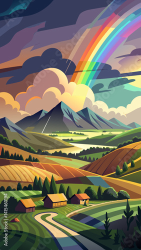 A rainbow is seen in the sky above a green hillside with a house in the distance. The scene is peaceful and serene, with the colors of the rainbow adding a sense of hope and wonder to the landscape