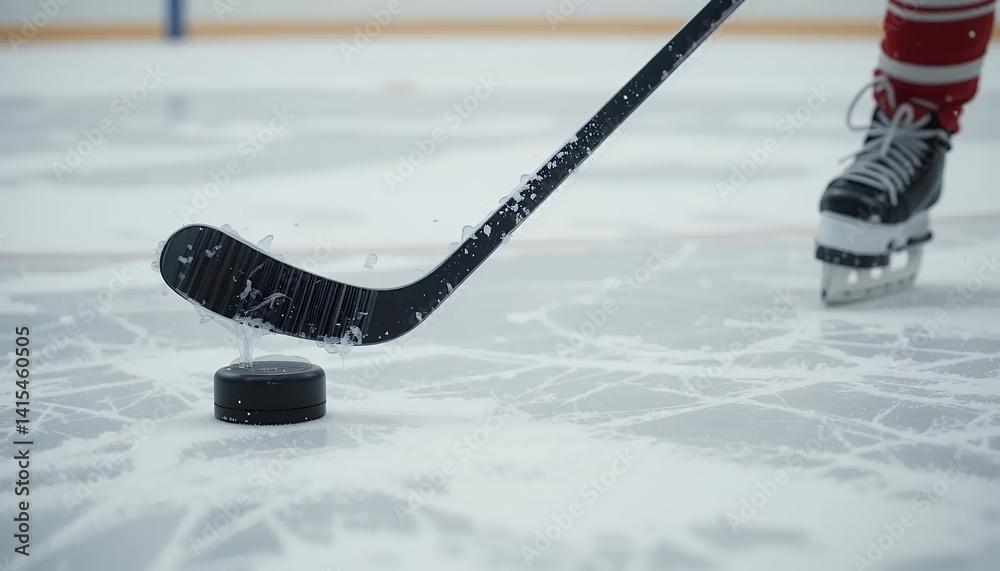 Obraz premium Ice Hockey Action Shot Close-up of Player's Stick and Puck on Frozen Rink